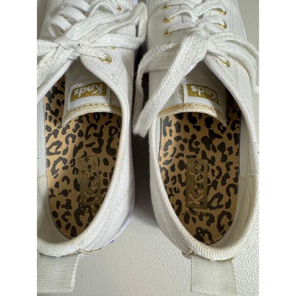Keds womens sneakers white platform canvas Cheetah print insoles & gold  Sz 6.5 - Picture 6 of 10